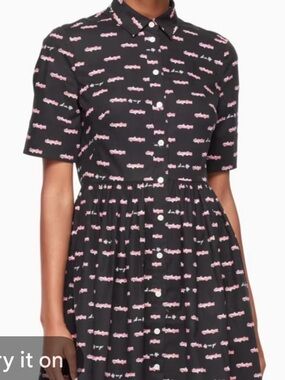 kate spade Black Short-Sleeve Collared Button-Front Dress with Pink Script Print